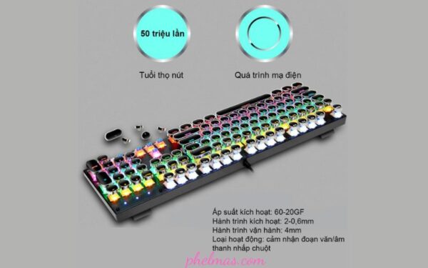 Bàn Phím Cơ Máy Tính Keycap phong cách Punk LED RGB phím thân trục màu xanh